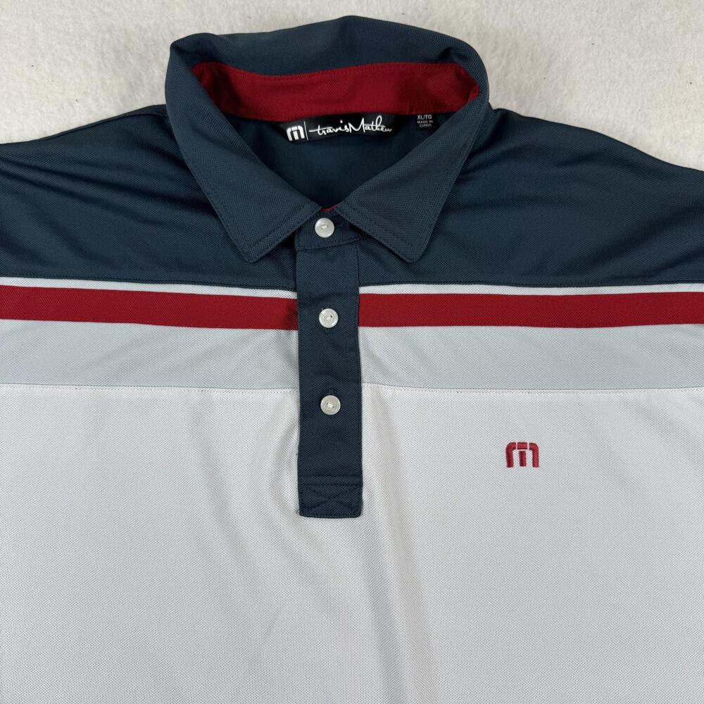 Travis Mathew Polo Shirt Mens Size XLT Blue White Colorblock Golf Mesh Stretch